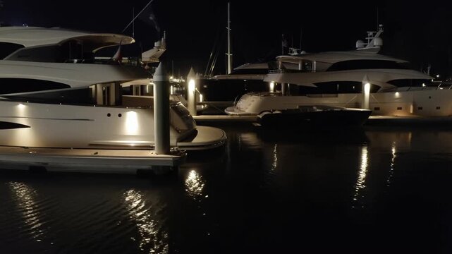 Slow panning shot of luxury yachts moored at marina with illuminated reflections on water surface at night
