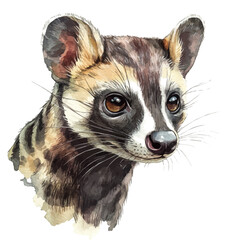 Civet, watercolor painting capturing graceful lines and soft blended shades, isolated on a white background. © trovexa