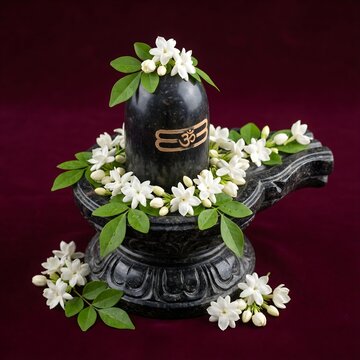Beautiful Shivalingam decorated with white jasmine flowers and Om symbol on maroon background