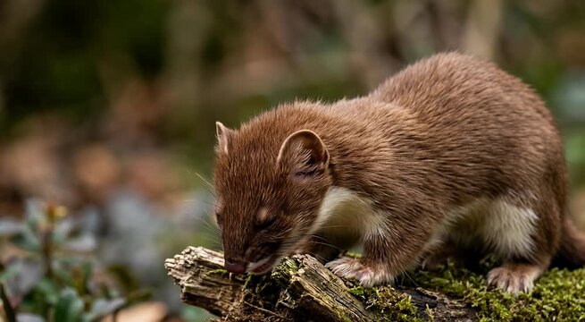 Wild Stoat Weasel on a Log Showing Teeth in a Forest