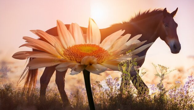 double exposure of a horse and flower generative ai