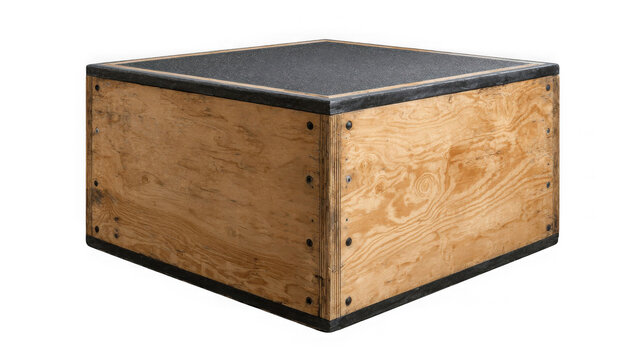 A wooden plyometric box with a black textured top