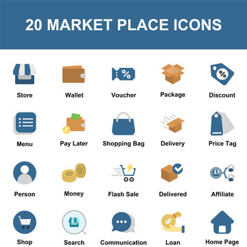20 Marketplace Color Icons Set E Commerce Shopping Store Payment Delivery Business Vector Collection UI Symbol Pack