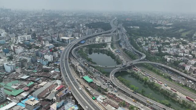 Aerial view of a busy highway interchange in dhaka city