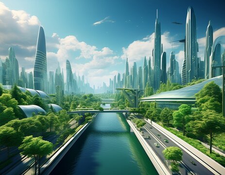 futuristic cityscape with river road densely planted trees and greenery future city with skyscrapers and modern buildings