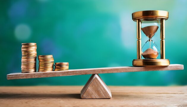 balance between time and money concept sand clock and stacked coins on seesaw copy space