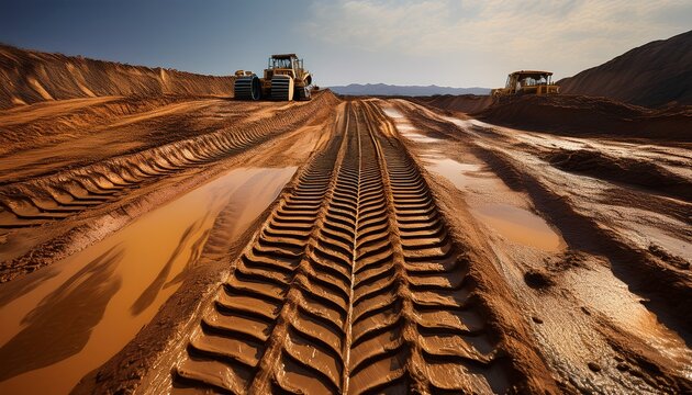quarry machine tracks in mud heavy machinery imprint with industrial ground texture and construction terrain detail suitable for editorial use industrial reports and background imagery