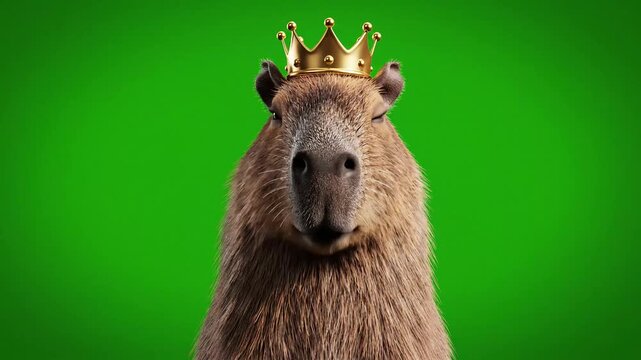 A capybara wearing a golden crown looking directly at the camera against a vibrant green background.