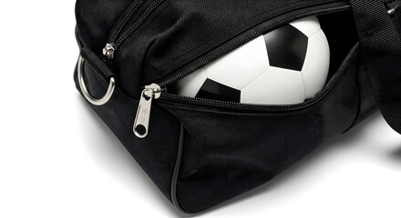 Naklejka premium A black sports bag with a soccer ball in the zippered pocket on a white background