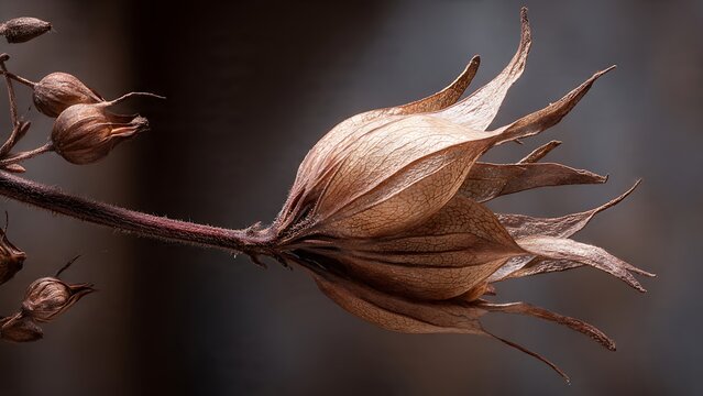 Macro dried seed pod with intricate organic texture and warm brown tones. Natural botanical detail for abstract and nature background use