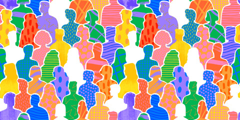 Colorful diverse people crowd abstract art seamless pattern. Multi-ethnic community, big cultural diversity group background illustration in modern collage painting style.