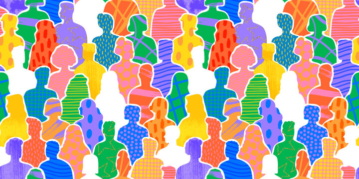 Colorful diverse people crowd abstract art seamless pattern. Multi-ethnic community, big cultural diversity group background illustration in modern collage painting style.