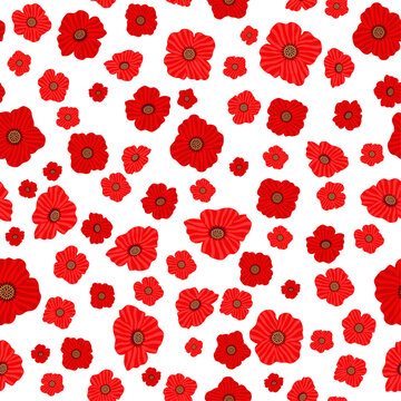 Wild poppy flowers seamless pattern. Meadow papaver floral background for textile, fabric or wallpaper print. Repeatable botanical texture with blossoms. Vector flat illustration.