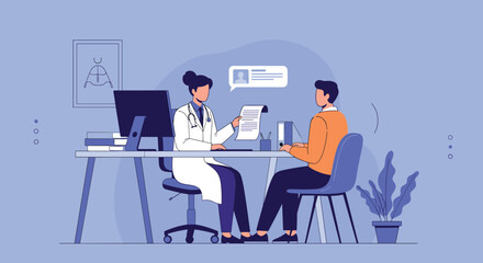 Fototapeta premium Female doctor in a white coat consults with a male patient sitting at a desk in a modern medical office setting.