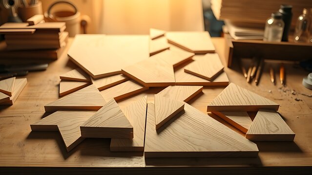 Geometric arrangement of precision-cut balsa wood pieces, showcasing craftsmanship and texture.