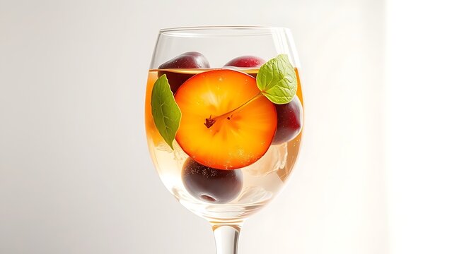 Crystal glass filled with clear plum schnapps and whole fruits, natural light.