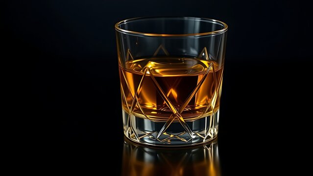 Golden schnapps liquid in a crystal glass, light refraction on a dark surface, minimalist style.