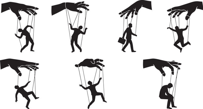 Manipulator Hands Controlling Silhouette Figures as Puppets, Control and Influence Concept Vector Illustration