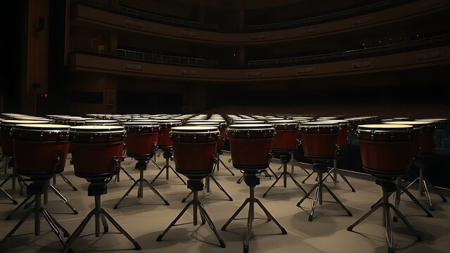 Kettledrums arranged on stands in a dim concert hall backstage.