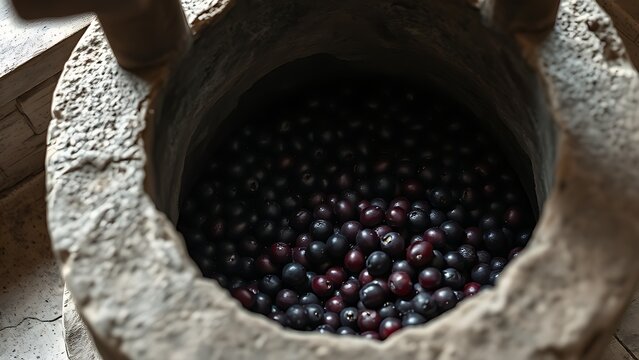 Ancient stone wine press with deep purple grape residue, textured surface in soft window light.