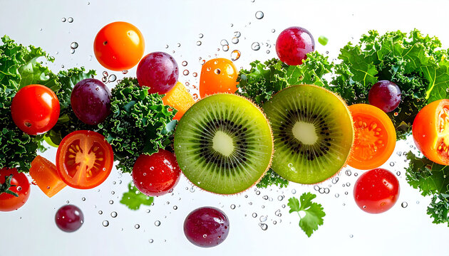 A vibrant assortment of fresh, healthy fruits and vegetables suspended in water, offering a nutritious and refreshing visual
