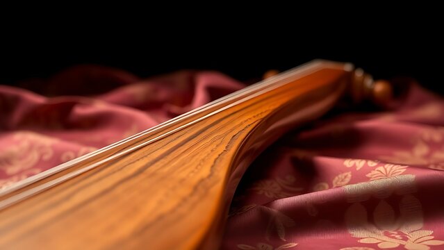 An exquisite rosewood pipa resting on brocade fabric, polished wood.