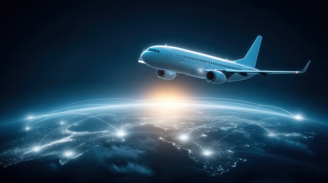 A Commercial Airplane Flying Above Earth with Bright Sunset and Global Network Connections in the Background