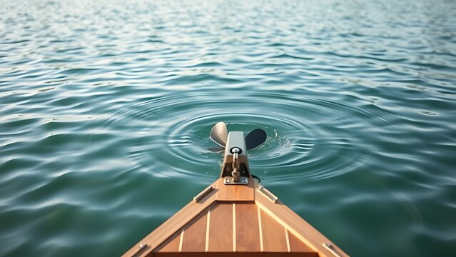 A small wooden boat's stern with a propeller in clear water, creating ripples.