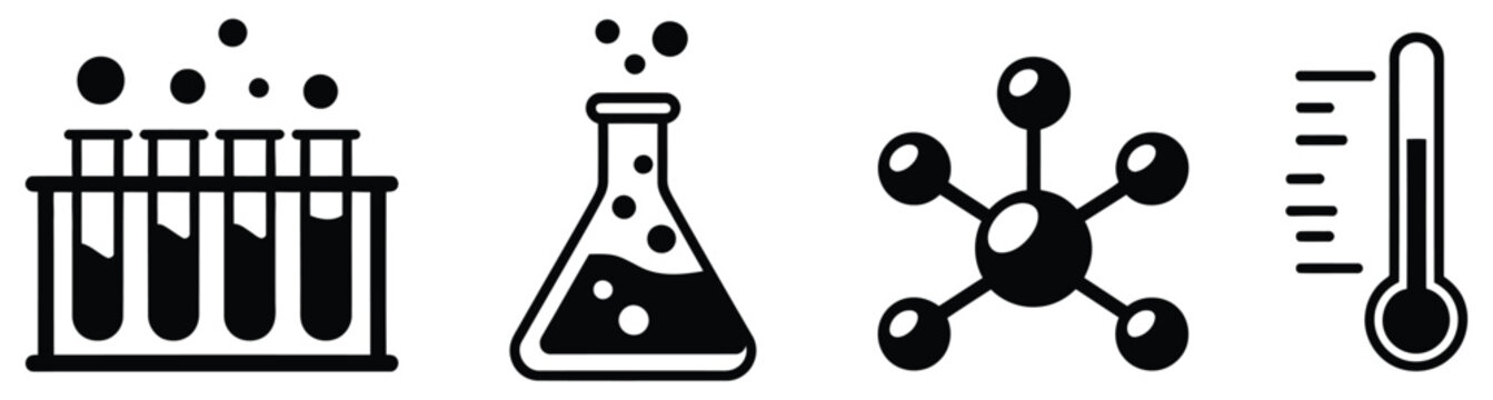 Science vector icons set, laboratory equipment illustrations, chemistry icons and research symbol collection, including beakers, test tubes, and lab instruments, modern flat design for education, apps