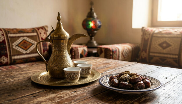 Traditional Arabic coffee dallah with cups and dates.
