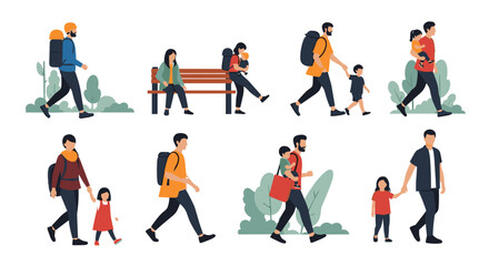 Fototapeta premium Diverse set of people including parents with children and individuals walking in an outdoor park setting.