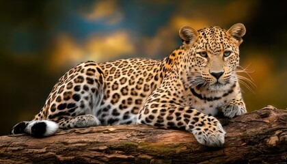 Naklejka premium Majestic Leopard Resting on a Log in the Wild.