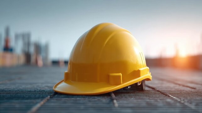 Bright Yellow Safety Helmet Positioned on Construction Site at Sunset with Soft Lighting Enhancing the Industrial Atmosphere and Work Environment