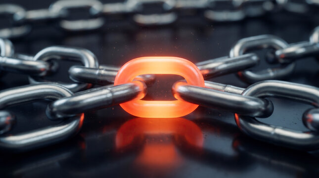 Glowing Orange Chain Link Connecting Strong Metal Chain on Dark Surface