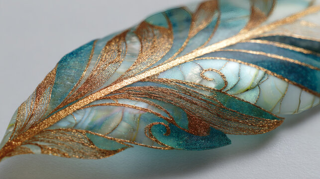 A beautiful abstract decorative feather with intricate gold embroidery and teal blue textures