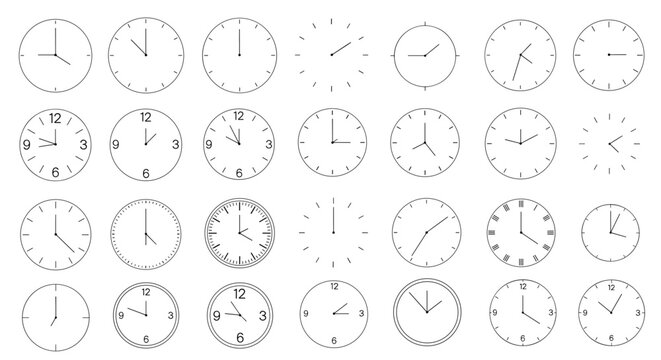 Comprehensive set of twenty-eight different analog clock face designs showing various times and styles for educational or design projects.