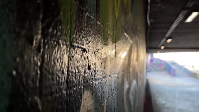 Graffiti underpass wall texture with paint layers and sunlight reflection, closeup of rough concrete surface, urban mural detail, gritty atmosphere in walkway tunnel