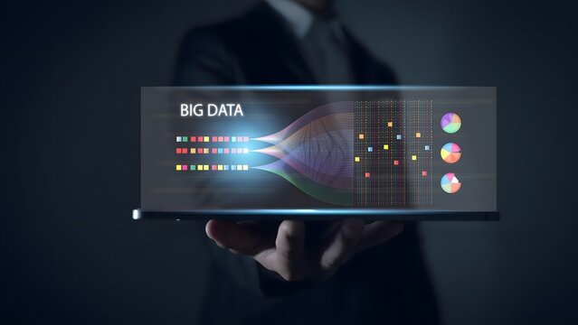 Big Data Analytics Interface in Hand &ndash; Business Intelligence, Data Visualization and AI Technology Concept