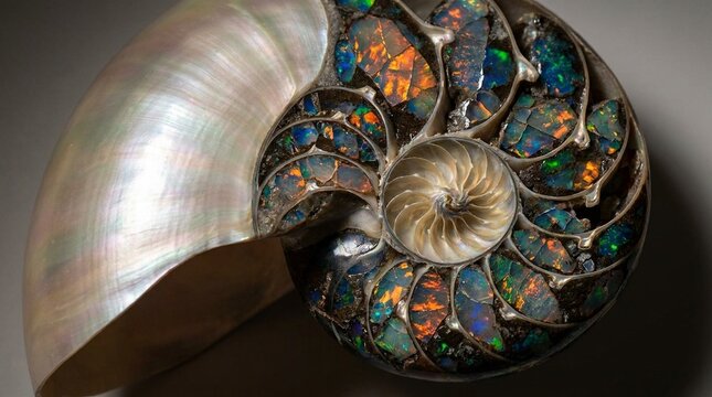 Abstract surreal background of a nautilus shell cross- section filled with iridscent opal gemstone textur