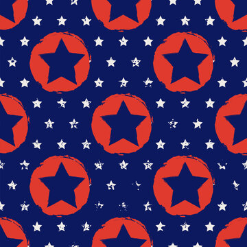 Seamless pattern with stars in US flag colors. Blue background with hand-drawn stars. Vector background for July 4th