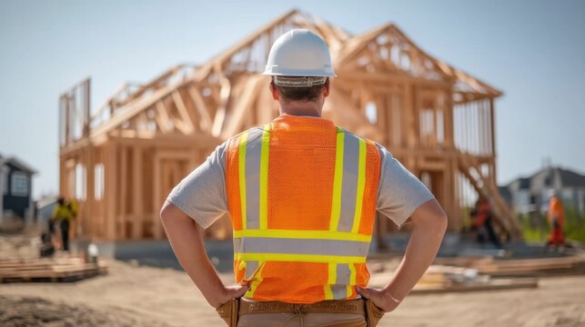 Construction Worker Overseeing Building Framework with Safety Gear on Sunny Day in Rural Area