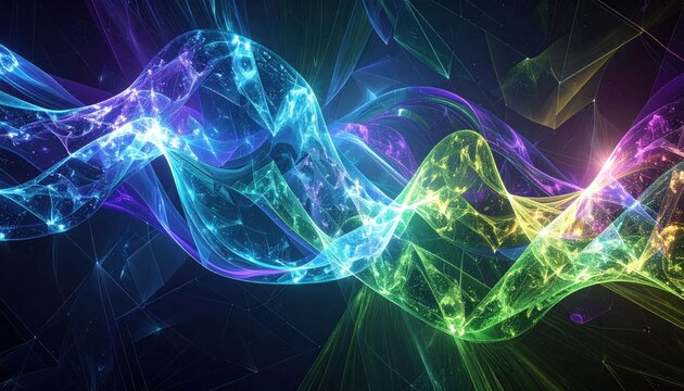 Abstract digital visualization of colorful quantum superposition states overlapping and shimmering, representing complex energy patterns in a theoretical physics environment.