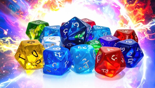 A collection of vibrant translucent polyhedral dice with custom elemental symbols arranged in a group on a bright surface.