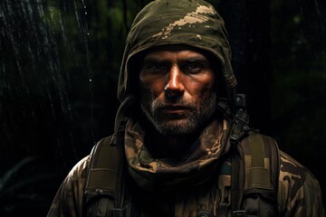 Fototapeta premium Soldier in camouflage gear standing in rain, showing intense military grit and determination