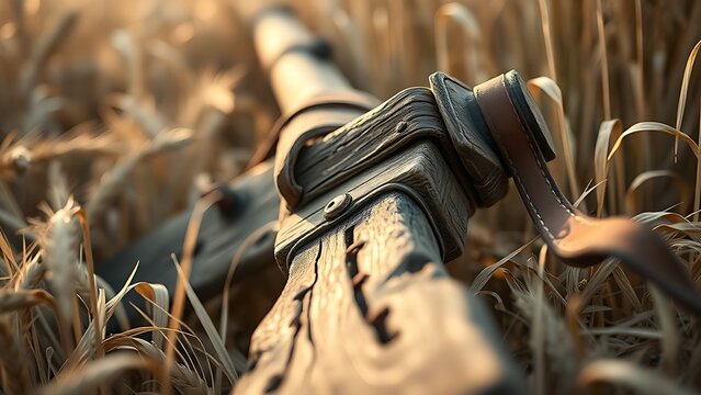 An old, worn flail discarded in a wheat field with textured wood and leather.