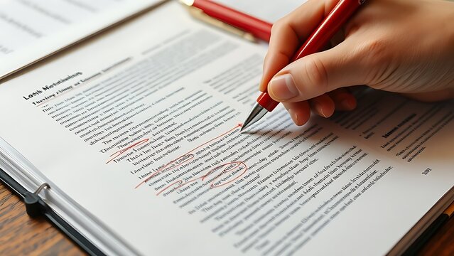 A red pen marking corrections on a printed manuscript at a desk workspace.