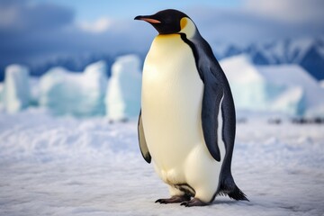 Fototapeta premium Emperor penguin standing on an icy landscape with icebergs and blue sky in antarctica