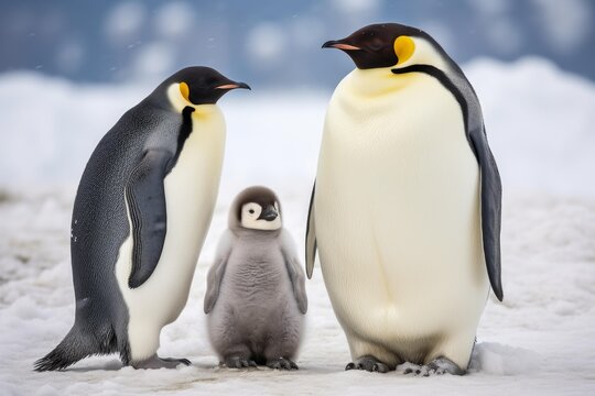 Emperor penguin parents huddling with their chick on the snowy antarctic ice
