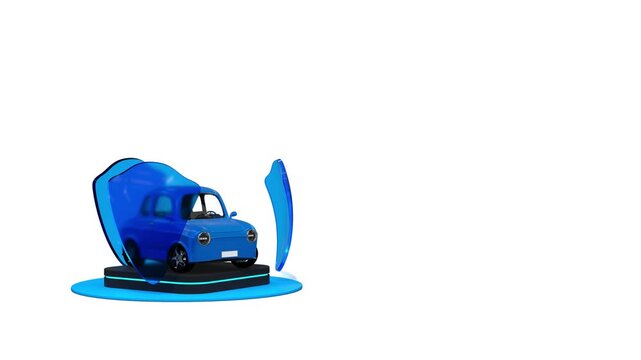 A car protected by three rotating shields, an insurance or anti-theft security concept - 3D rendering animation