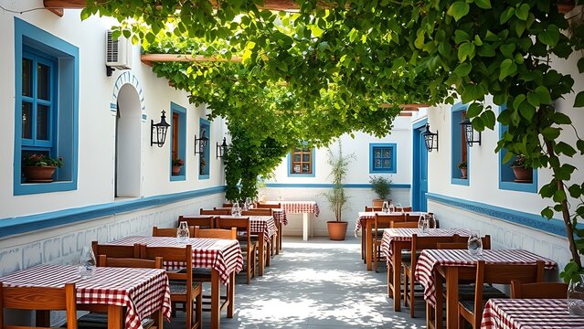 A Greek island taverna with white walls, blue accents, and checkered tablecloths.